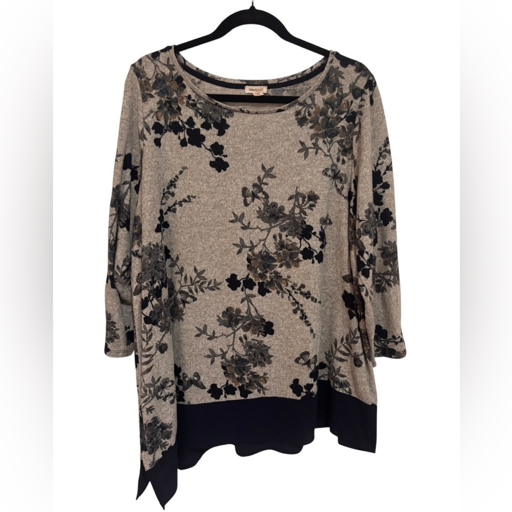 Westport Gray & Navy Floral Tunic Top with Asymmetrical Hem